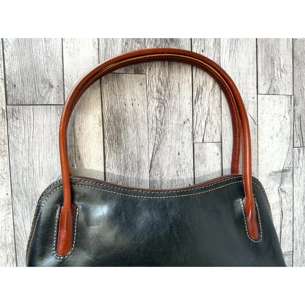Del Borgo Vintage Black Italian Leather Baguette Handbag Cognac Handles MINT